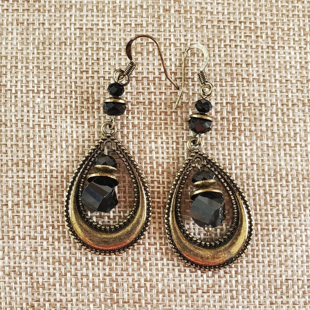 Premier Designs Black Beading Brass Tone Fishhook Earrings